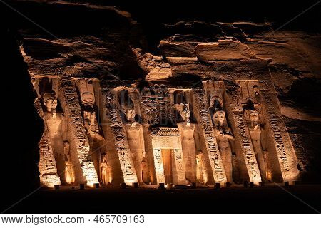 Light Illuminated The Entrance Of Nefertari Temple At Night