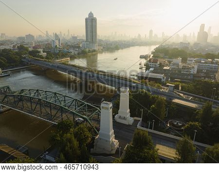 Aerial View Of Phra Buddha Yodfa Bridge, Memorial Bridge And Phra Pok Klao Bridge Over The Chaophray