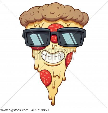 Slice Of Pizza With Sunglasses Emoji Character Isolated On A White Background. Vector Illustration