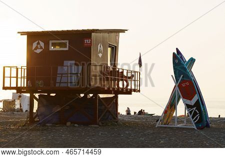 Batumi, Georgia, Ajaria - August 30, 2022: Lifeguard Tower On The Beach At Sunset.