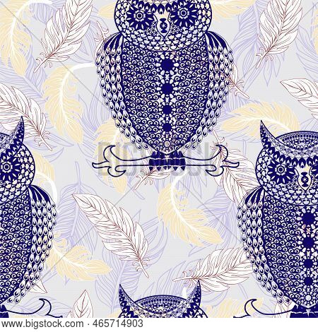 Vector Seamless Pattern Tribal Boho Style Owl And Feathers Background For Fabric, Wallpaper, Wrappin