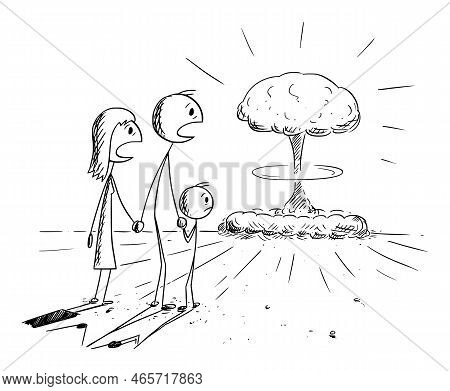 Shocked Family And Nuclear Explosion, Vector Cartoon Stick Figure Illustration