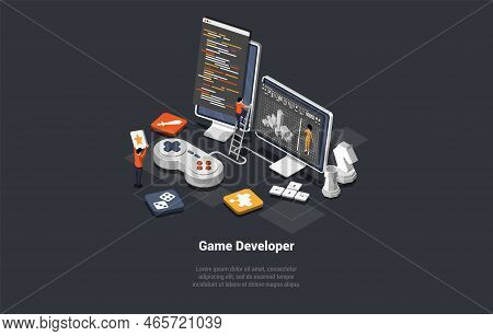 Concept Of Game Development. Creative People Developers In Process Of Create And Develop A Computer 
