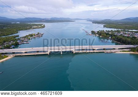 Aerial View Of Sarasin Bridge Road Transportation Background,the Bridge Is A Between Phang Nga And P
