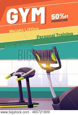 Gym Cartoon Poster With Treadmill. Promotional Flyer With Promocode For Weight Lifting, Body Buildin