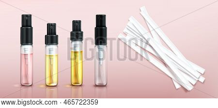 Perfume Tester Glass Bottles And Paper Strips. Fragrance Sample In Transparent Tubes With Black Spra