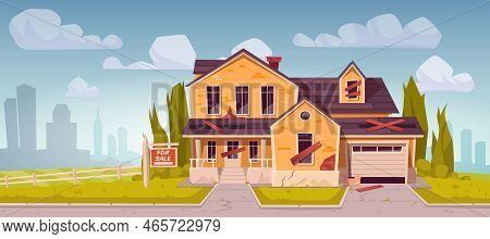 Old Suburban House With Sign For Sale. Abandoned Residential Cottage From Yellow Brick With Garage, 
