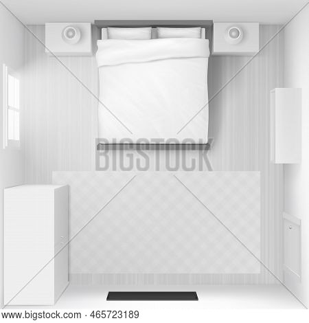 Bedroom Interior Top View. Vector Realistic Mockup Of Empty Sleeping Room With Double Bed With White