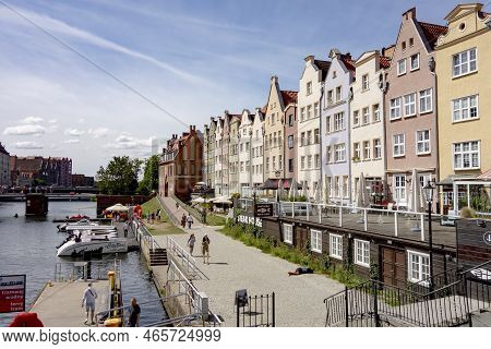 Gdansk, Poland - July 30, 2022: Riverbank In Gdansk With Zeleny Most Water Tram Stop And Steak House