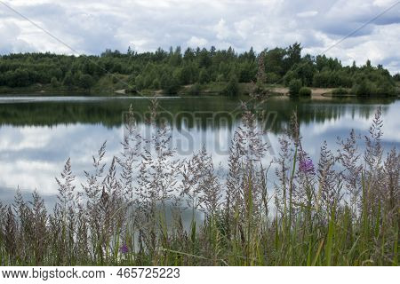 Dramatic Sunrise Over The Calm River In Spring With Bent Grass Against Sun. Daugava, Latvia. High Qu