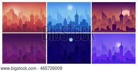 Morning City. Day And Night Cityscape. Sunrise Sky At Afternoon Time. Downtown Sunset View. Daytime 