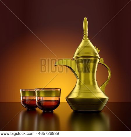 Middle Eastern Arabic Coffee Dallah Pot With Cups A Symbol Of Arabian Hospitality 3d Illustration Re