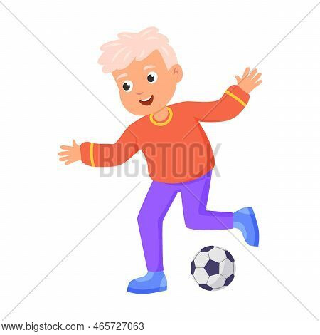 Little Boy Plays Football. Hobbie And Activitie Of Kids. Vector Illustrations Of Active Boys. Cartoo