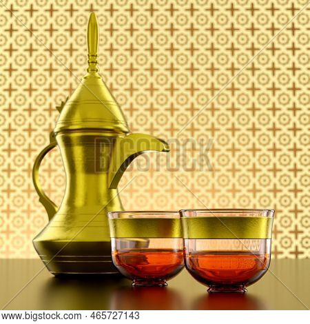 Middle Eastern Arabic Coffee Golden Dallah Pot With Cups A Symbol Of Arabian Hospitality 3d Illustra