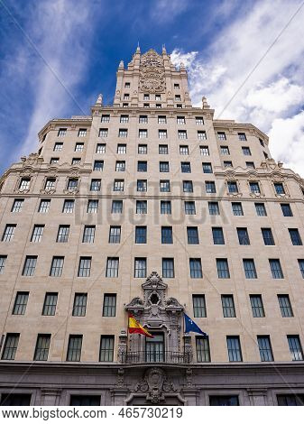 Facade Of The Telefonica Building Along The Gran Via In Madrid