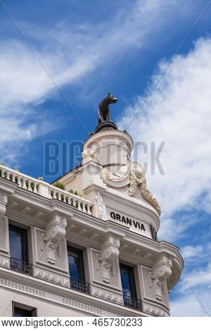 Madrid, Spain - June 20, 2022: Monument Of The She-wolf Of Rome Atop The Hotel Roma Along The Gran V