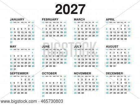 Calendar 2027 Template Vector, Simple Minimal Design, Planner 2027 Year, Wall Calendar 2027 Year, We