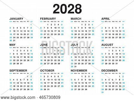 Calendar 2028 Template Vector, Simple Minimal Design, Planner 2028 Year, Wall Calendar 2028 Year, We