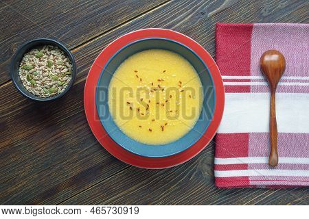 Breakfast. Cornmeal Porridge And Different Seeds In  Bowls On Rustic Table . Flat Lay, Copy Space