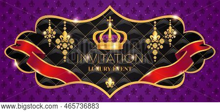 Royal Crown Luxury Services Corporate Events Weddings Invitation Black Golden Emblem Purple Backgrou