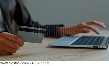 Close Up Female Hands Ethnic African Woman Businesswoman Enter Financial Data In Computer Use Credit