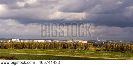 Panoramic View Of The City Among Fields And Forests. Golden Polish Autumn . A View Of Ostrowiec Swie