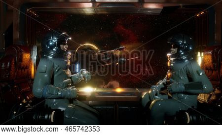 Astronauts On A Spaceship Are Flying Into The Depths Of Space, Behind The Porthole Is A Massive Blac
