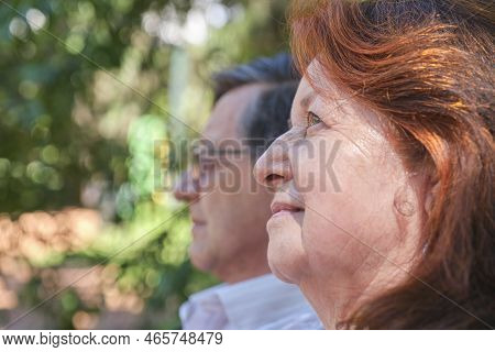 Senior Hispanic Couple Enjoying Time Together In A Park, Outdoors. Selective Focus On Her. Concepts: