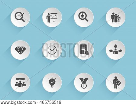 Management Vector Icons On Round Puffy Paper Circles With Transparent Shadows On Blue Background. Ma