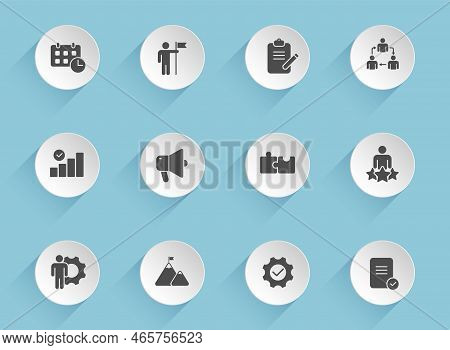 Management Vector Icons On Round Puffy Paper Circles With Transparent Shadows On Blue Background. Ma