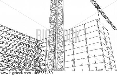 Under Construction Site Engineering With Tower Crane Civil 3d Illustration Line