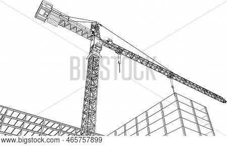 Under Construction Site Engineering With Tower Crane 3d Illustration Line