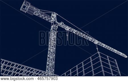 Under Construction Site Engineering With Tower Crane 3d Illustration Line Blueprint