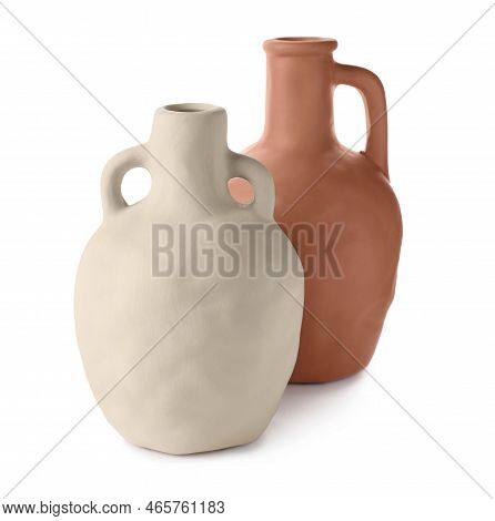 Two Clay Flagons With Handles On White Background