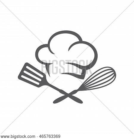 Restaurant Logo, Food Symbol With Chef Cap. Crossed Whisk Wire And Spatula, Cooking Vector Icon.