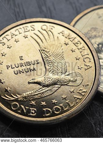 American Coins Close Up Lie On Dark Surface Of Office Table. Soaring Eagle Sacagawea Dollar Coin. Ve