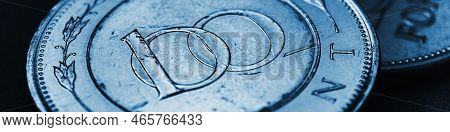 Hungarian Coin Of 100 Forints Lies On Dark Surface Closeup. Money Of Hungary. News About Economy Or 