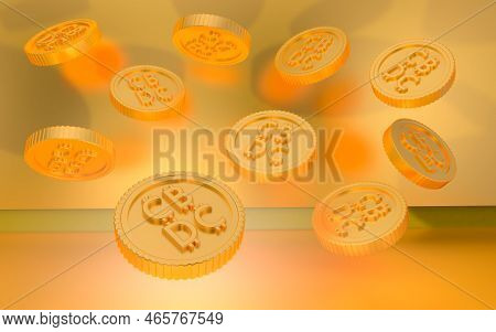 Flying Virtual Crypto Coins On Gold Background.realistic 3d Illustration Of Cbdc.investment And Savi