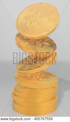 Flying Virtual Crypto Coins On Gold Background.realistic 3d Illustration Of Cbdc.investment And Savi