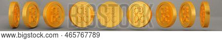 3d Rendering Rotation Of Cbdc Coin. Set Of Spinning Coins In Many Views Isolated On Gray Background 