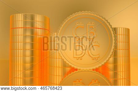 Stacks Of Gold Cbdc Money Coin On Golden Background. Finance, Saving And Money Exchange Investment C