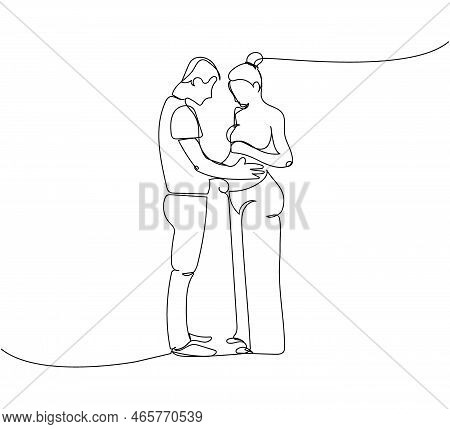 Full Length Couple In Love, Spouses, Pregnant Woman One Line Art. Continuous Line Drawing Of Pregnan
