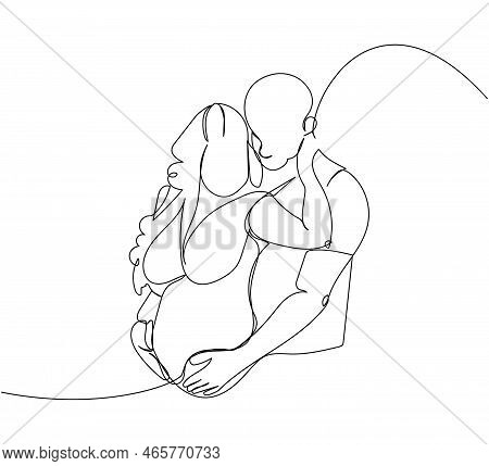 Husband Hugging His Pregnant Wife One Line Art. Continuous Line Drawing Of Pregnancy, Motherhood, Pr