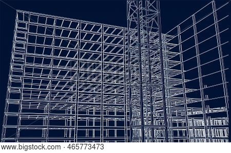 Under Construction Site Engineering With Frame Structure Architecture 3d Illustration Line Sketch Bl