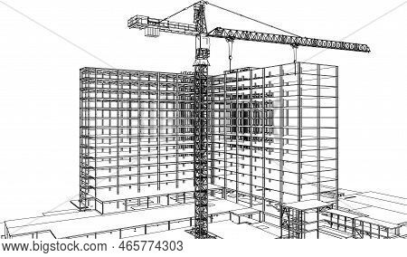 Under Construction Site Engineering With Tower Crane Architecture Civil 3d Illustration Line