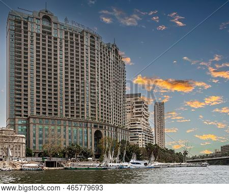 Cairo, Egypt - April 26, 2022: View From The Nile River With Four Seasons Hotel Cairo At Nile Plaza,