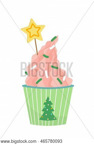 Pink Dessert In Chrictmas Paper Cup With Fir Tree. Dessert With Pink Cream. Flat, Cartoon, Vector