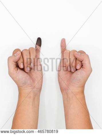 Blue Ink Mark In Little Finger Of Adult Man. Sign Of Voting In Myanmar Election. Concept Of Voting A