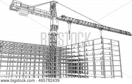 Under Construction Site Engineering Frame Structure With Tower Crane 3d Illustration Line Sketch
