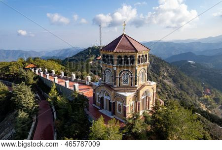 Drone Aerial Of Throni Of Panagia Kykkou Temple Landmark. Cyprus Europe.